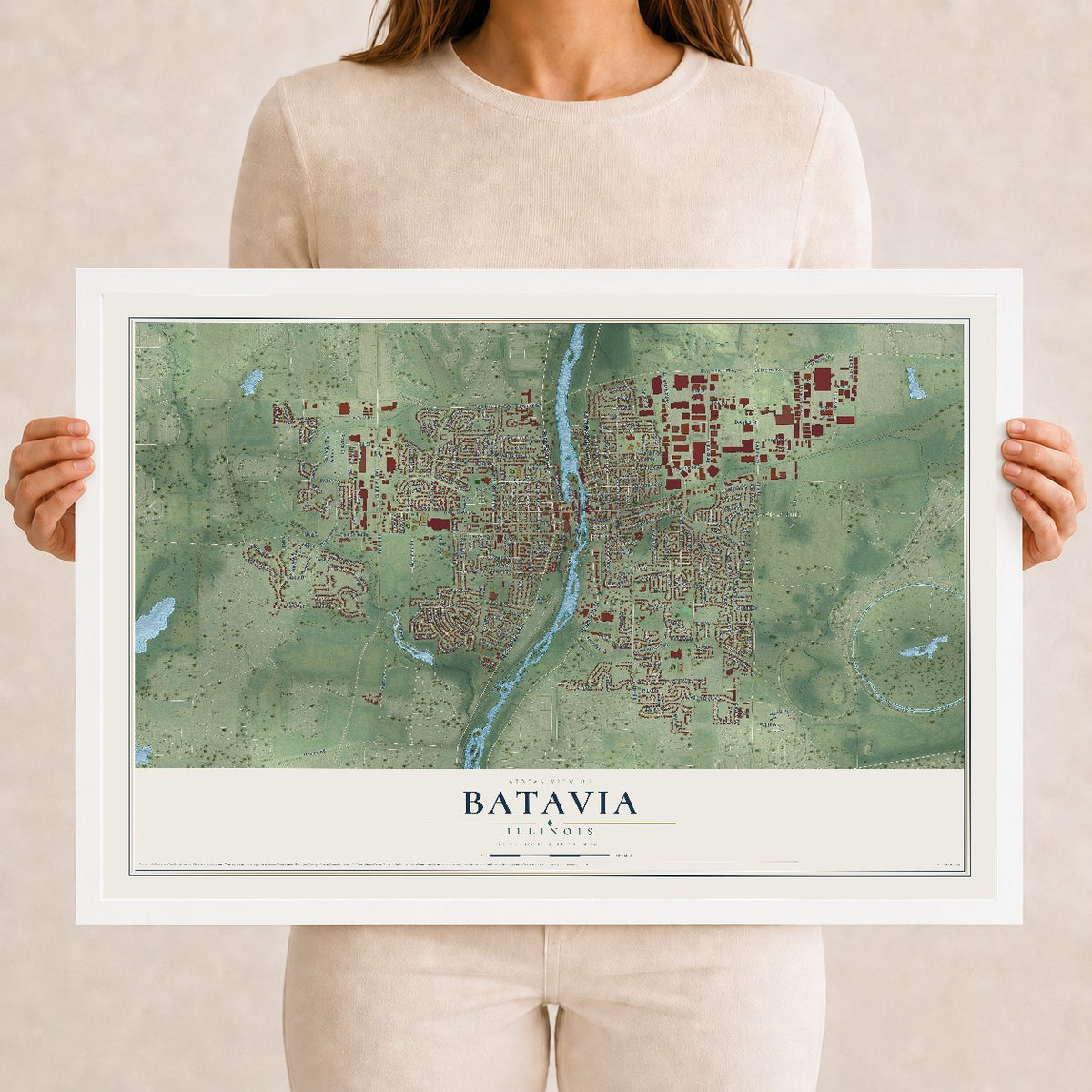 Map of Batavia, Illinois, 12 x 18 inch print in a white wood frame