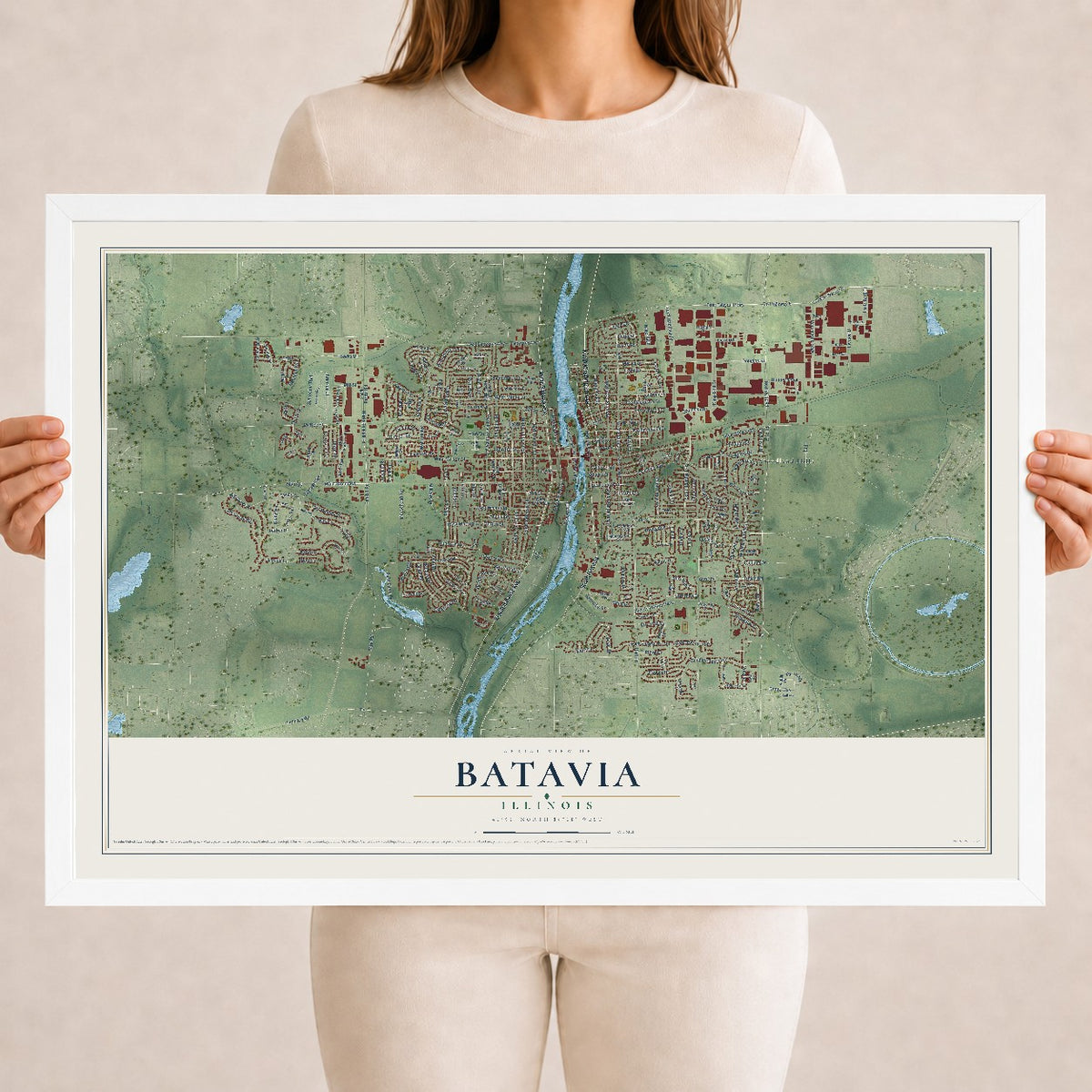 Map of Batavia, Illinois, 18 x 24 inch print in a white wood frame