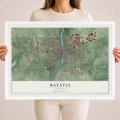 Map of Batavia, Illinois, 18 x 24 inch print in a white wood frame
