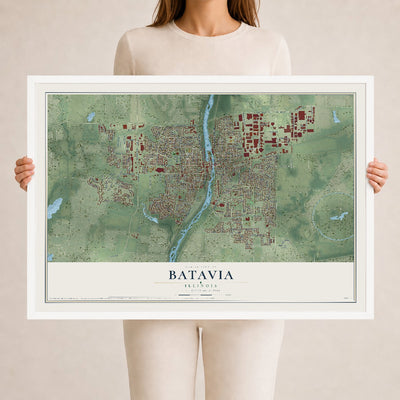 Map of Batavia, Illinois, 24 x 36 inch print in a white wood frame