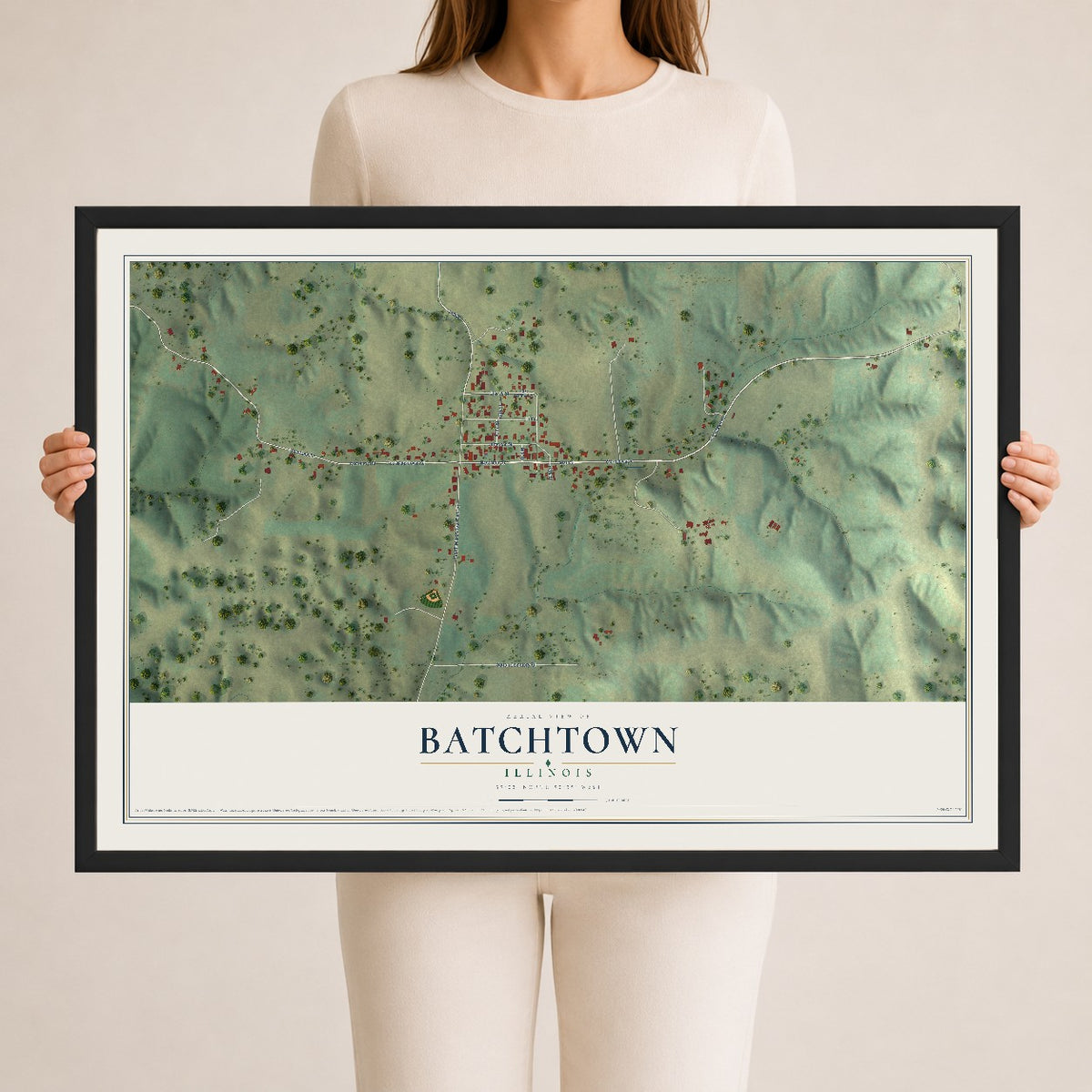 Map of Batchtown, Illinois, 24 x 36 inch print in a black wood frame