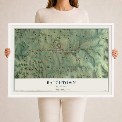 Map of Batchtown, Illinois, 24 x 36 inch print in a white wood frame