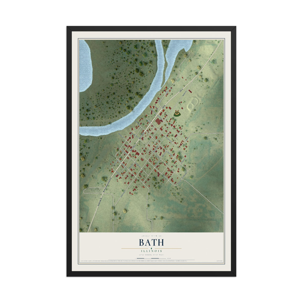 Map of Bath, Illinois, 12 x 18 inch print in a black wood frame