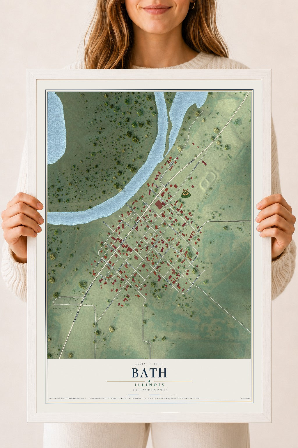 Map of Bath, Illinois, 18 x 24 inch print in a white wood frame