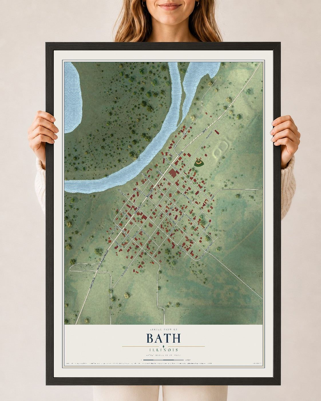 Map of Bath, Illinois, 24 x 36 inch print in a black wood frame