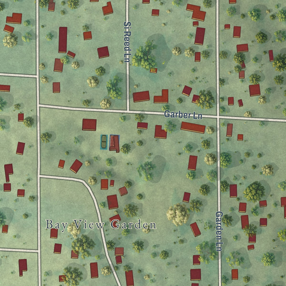 Close-up of the map of Bay View Gardens, Illinois print showing street and building detail