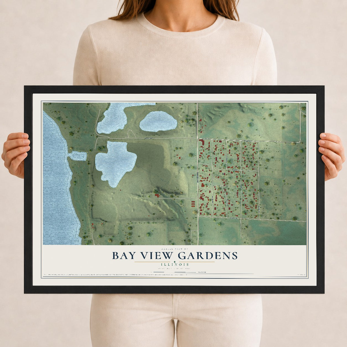 Map of Bay View Gardens, Illinois, 12 x 18 inch print in a black wood frame