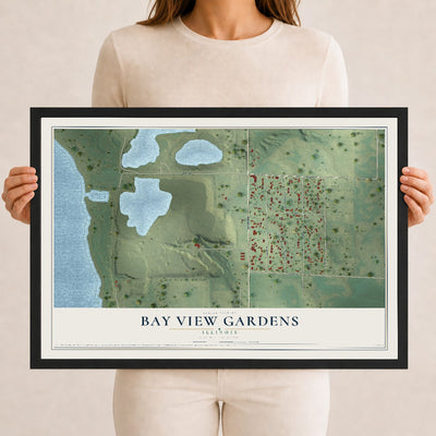 Map of Bay View Gardens, Illinois, 12 x 18 inch print in a black wood frame
