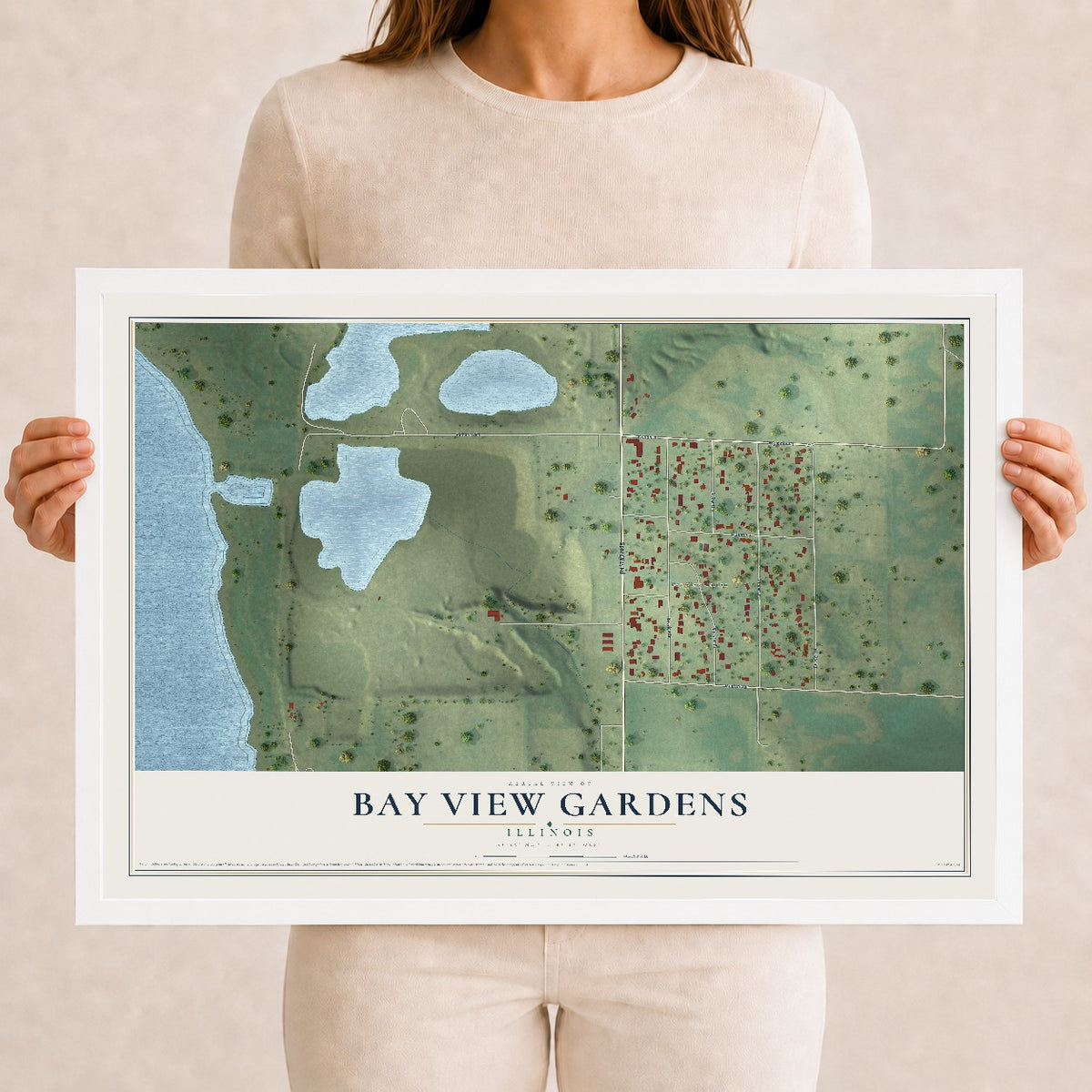 Map of Bay View Gardens, Illinois, 12 x 18 inch print in a white wood frame