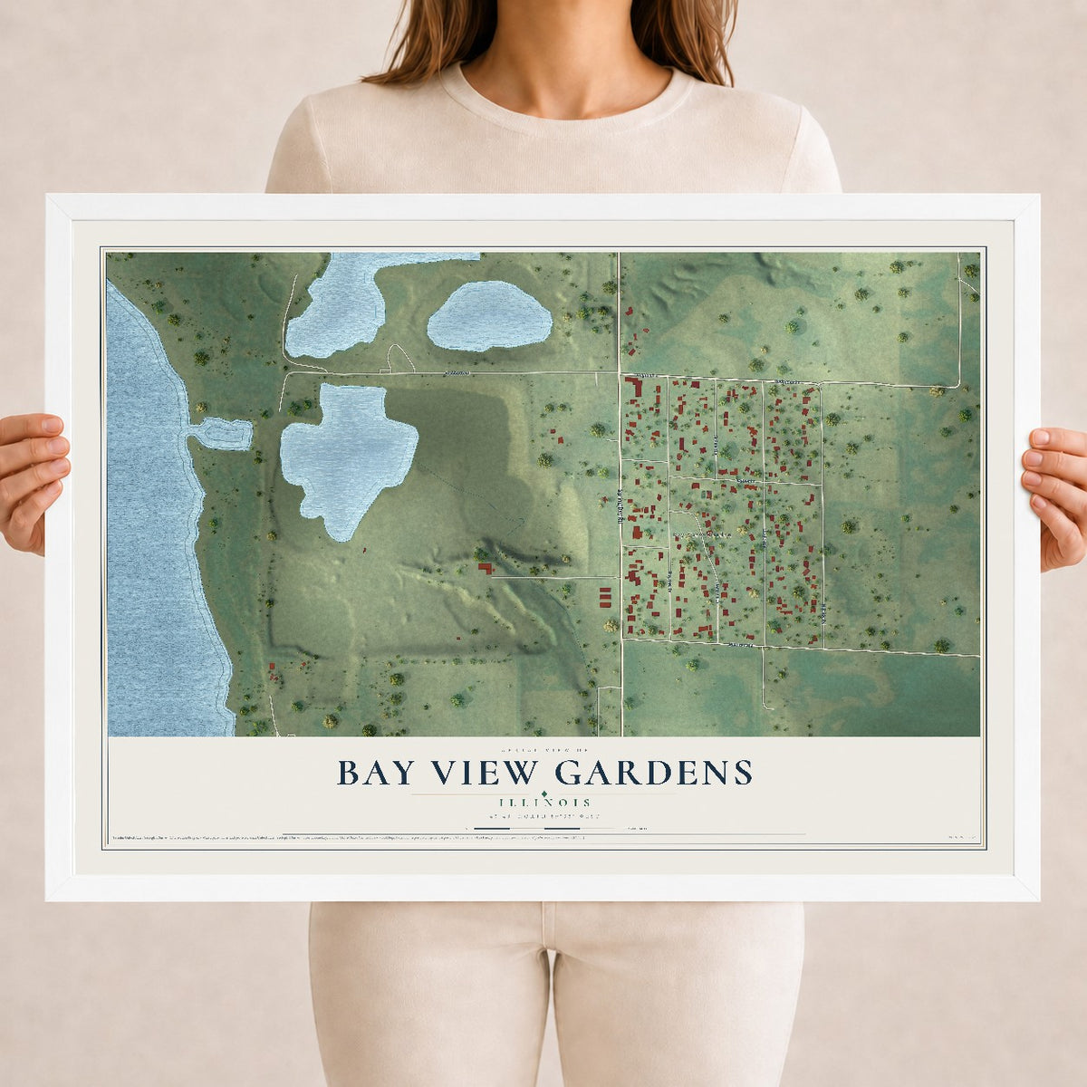 Map of Bay View Gardens, Illinois, 18 x 24 inch print in a white wood frame