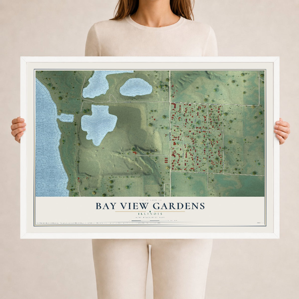 Map of Bay View Gardens, Illinois, 24 x 36 inch print in a white wood frame