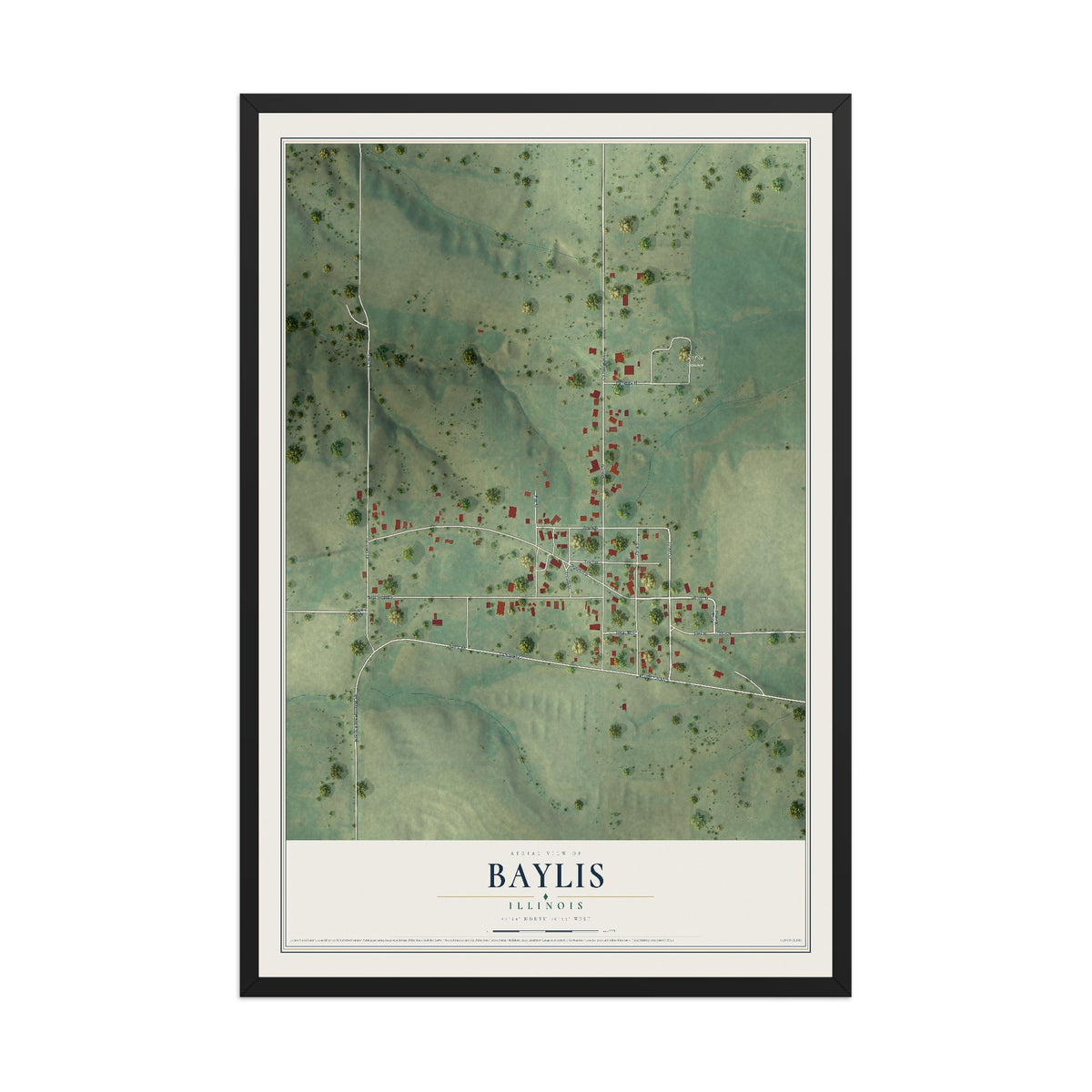 Map of Baylis, Illinois, 12 x 18 inch print in a black wood frame