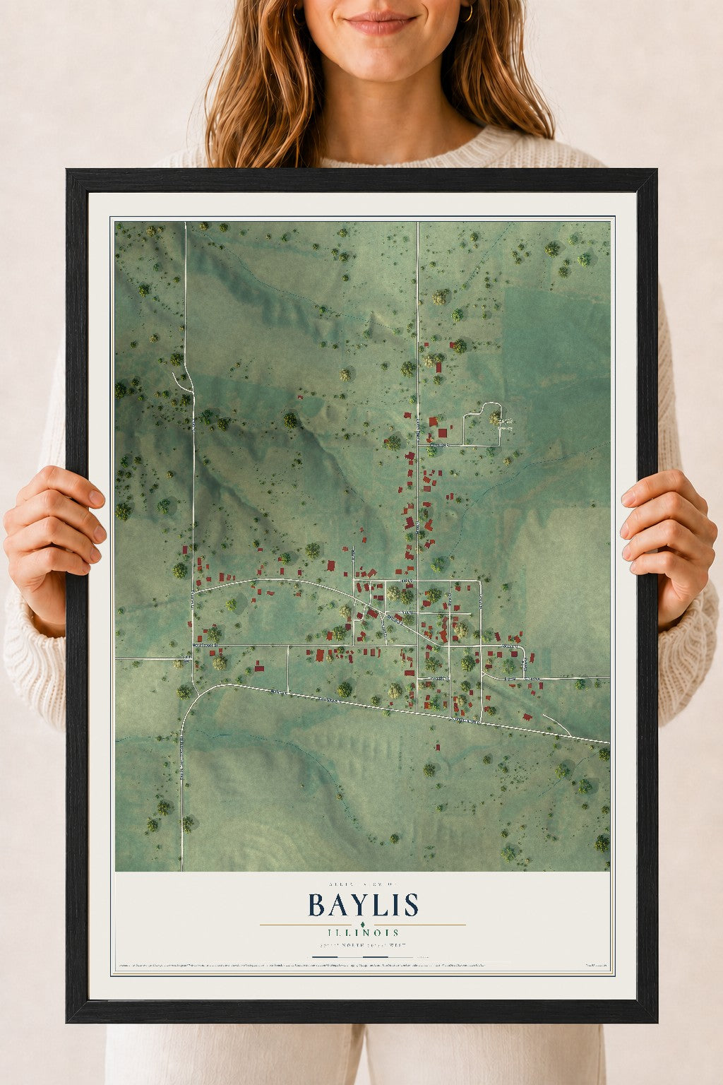 Map of Baylis, Illinois, 18 x 24 inch print in a black wood frame