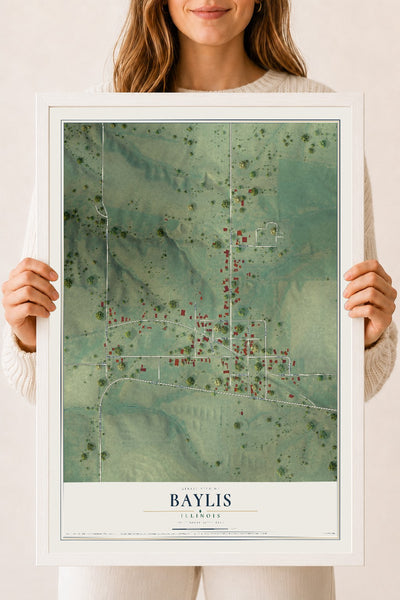 Map of Baylis, Illinois, 18 x 24 inch print in a white wood frame