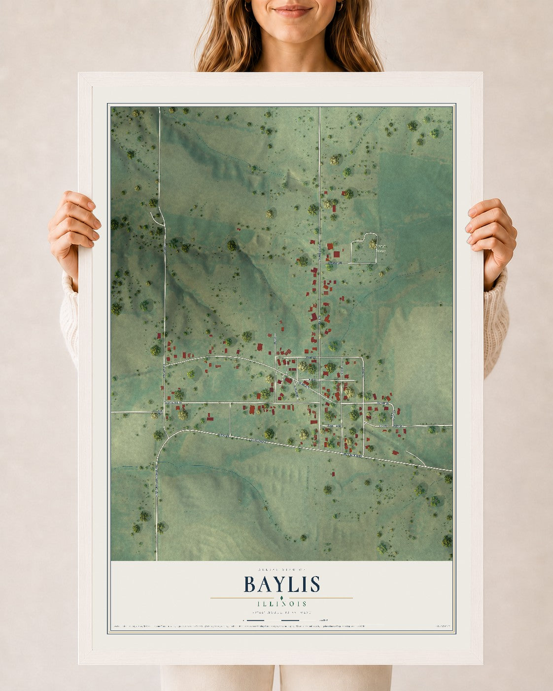 Map of Baylis, Illinois, 24 x 36 inch print in a white wood frame