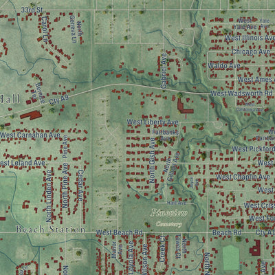Close-up of the map of Beach Park, Illinois print showing street and building detail