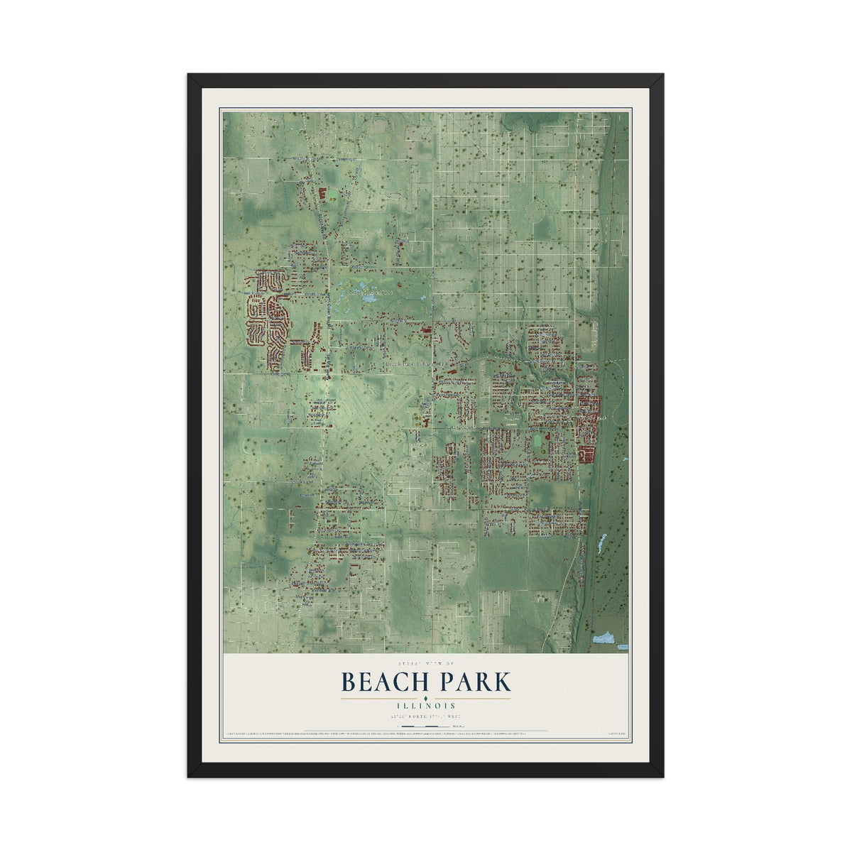 Map of Beach Park, Illinois, 12 x 18 inch print in a black wood frame