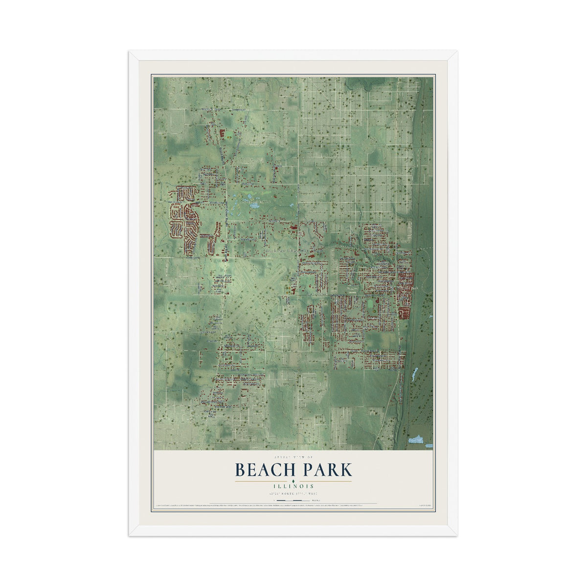 Map of Beach Park, Illinois, 12 x 18 inch print in a white wood frame