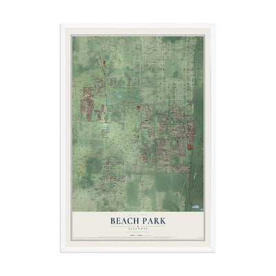 Map of Beach Park, Illinois, 12 x 18 inch print in a white wood frame
