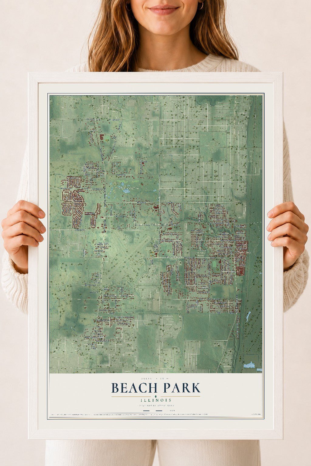 Map of Beach Park, Illinois, 18 x 24 inch print in a white wood frame