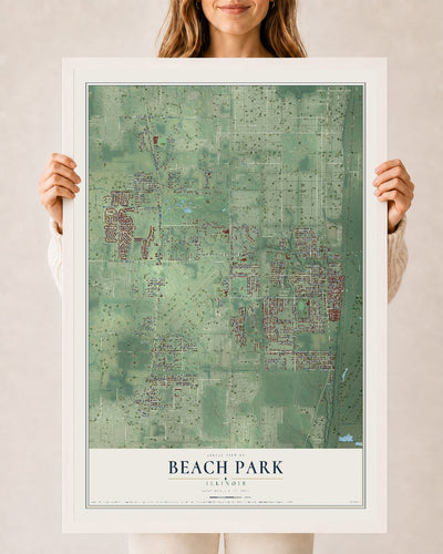 Map of Beach Park, Illinois, 24 x 36 inch print in a white wood frame