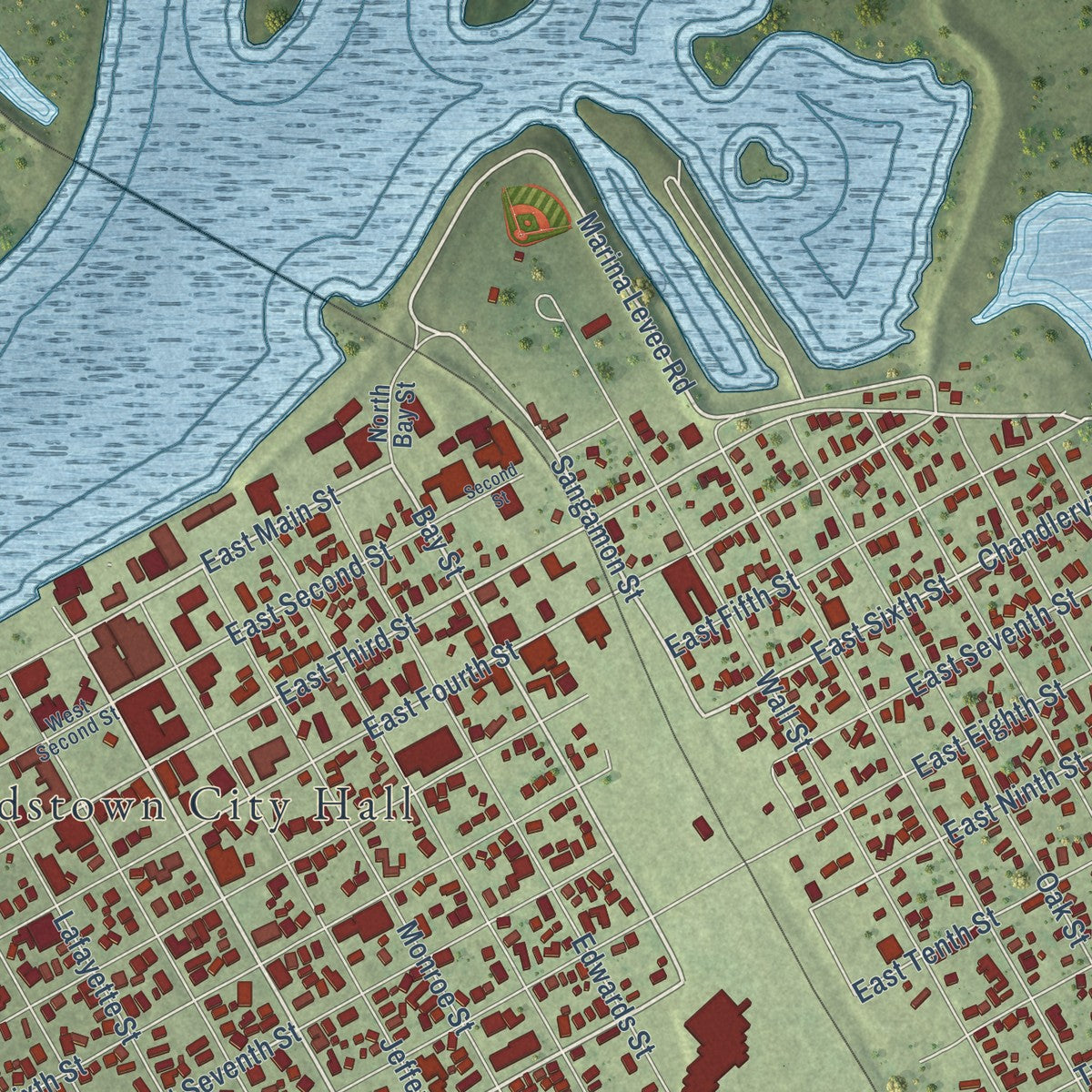 Close-up of the map of Beardstown, Illinois print showing street and building detail