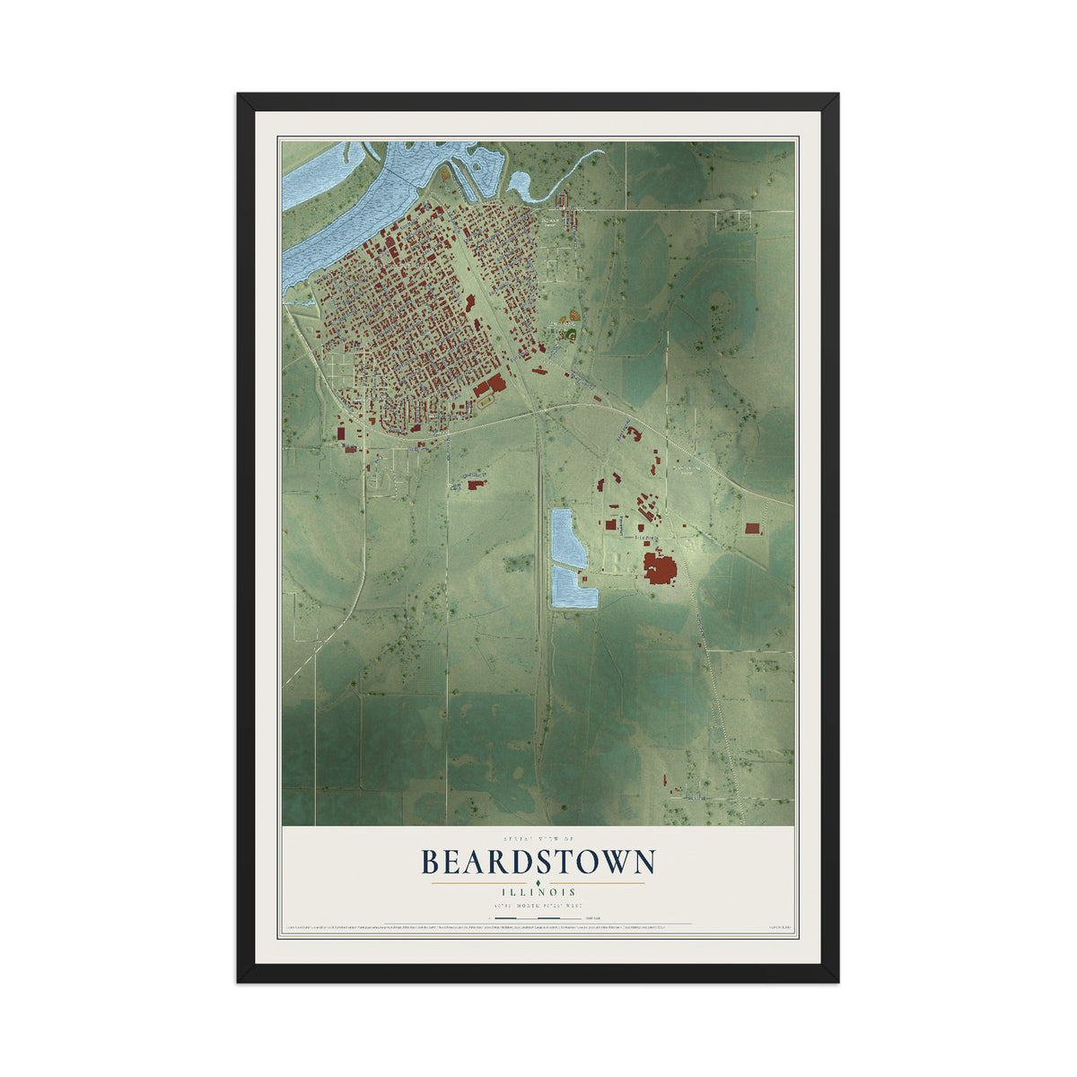 Map of Beardstown, Illinois, 12 x 18 inch print in a black wood frame