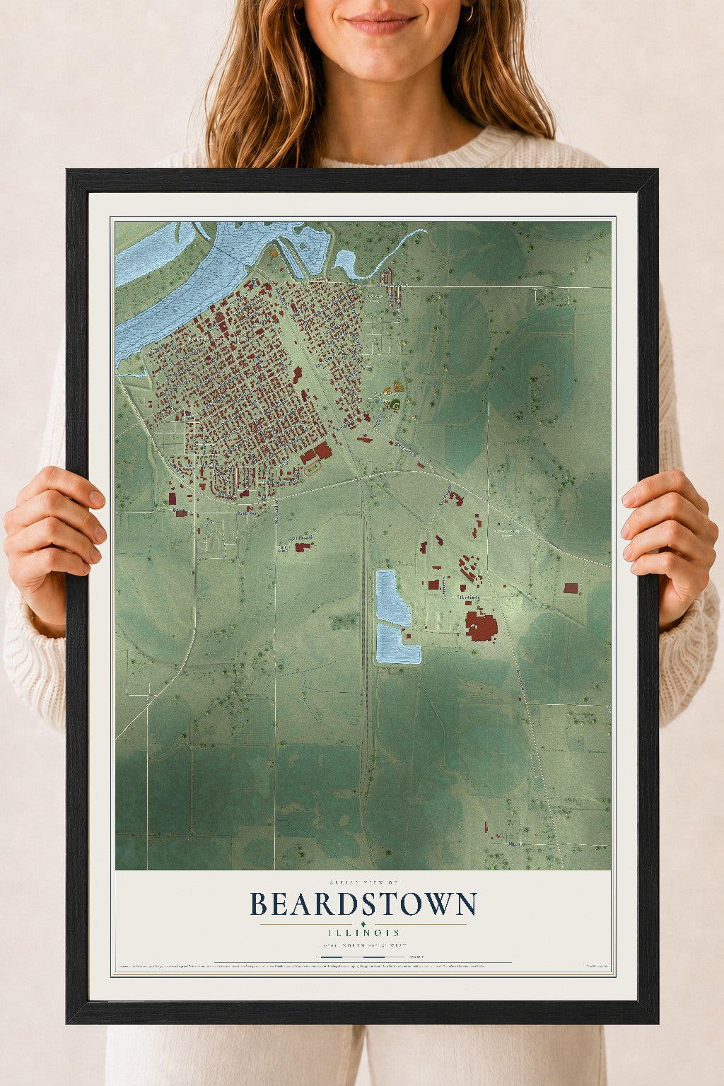 Map of Beardstown, Illinois, 18 x 24 inch print in a black wood frame