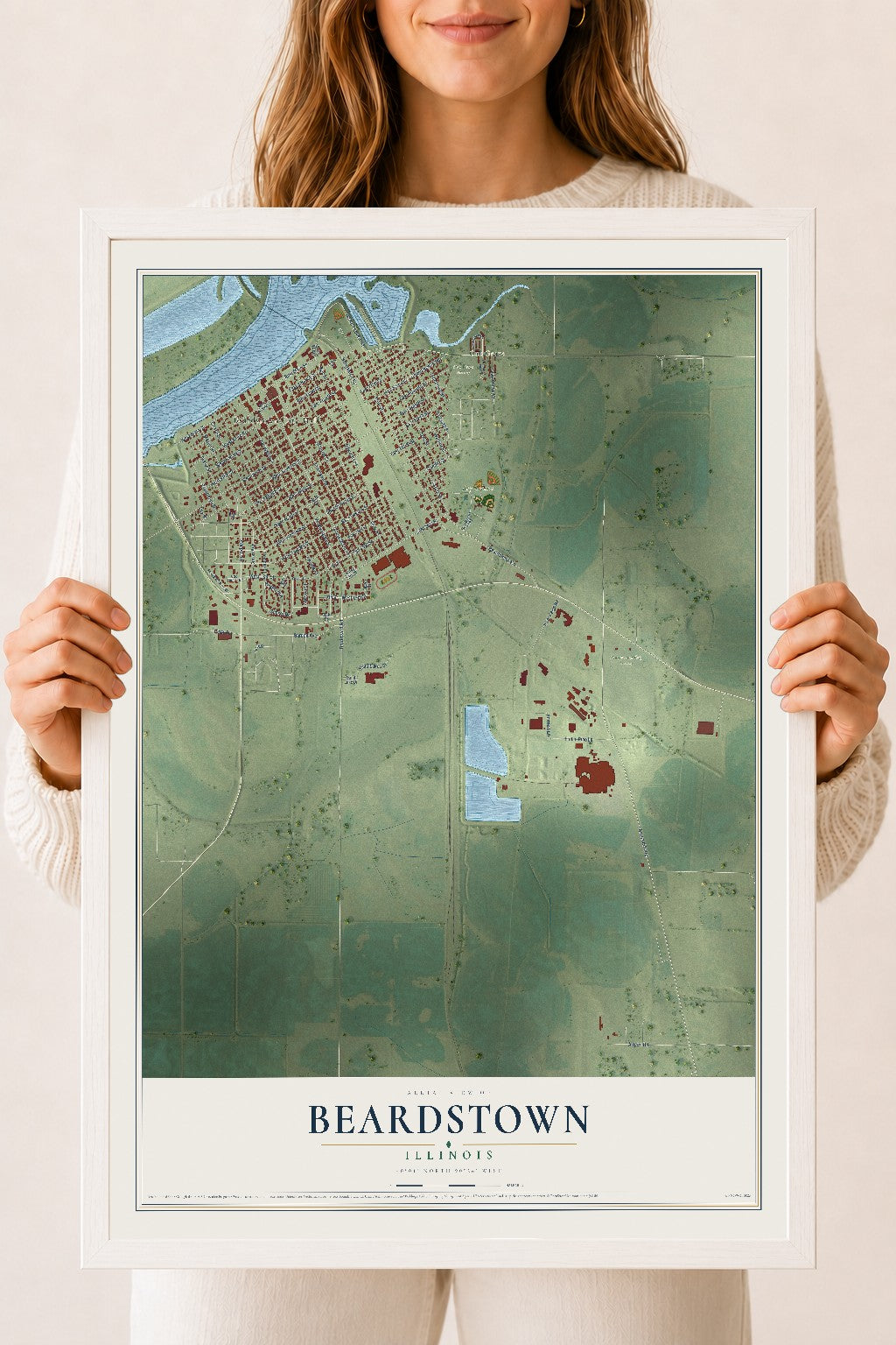 Map of Beardstown, Illinois, 18 x 24 inch print in a white wood frame