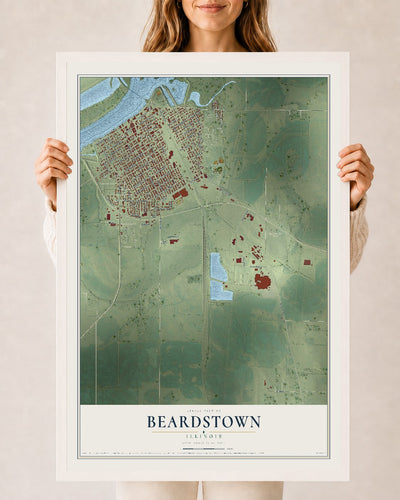 Map of Beardstown, Illinois, 24 x 36 inch print in a white wood frame