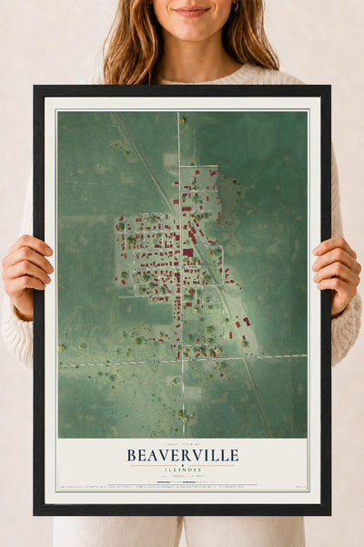 Map of Beaverville, Illinois, 18 x 24 inch print in a black wood frame