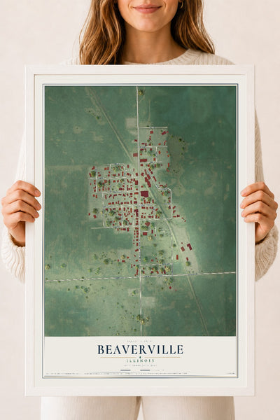 Map of Beaverville, Illinois, 18 x 24 inch print in a white wood frame