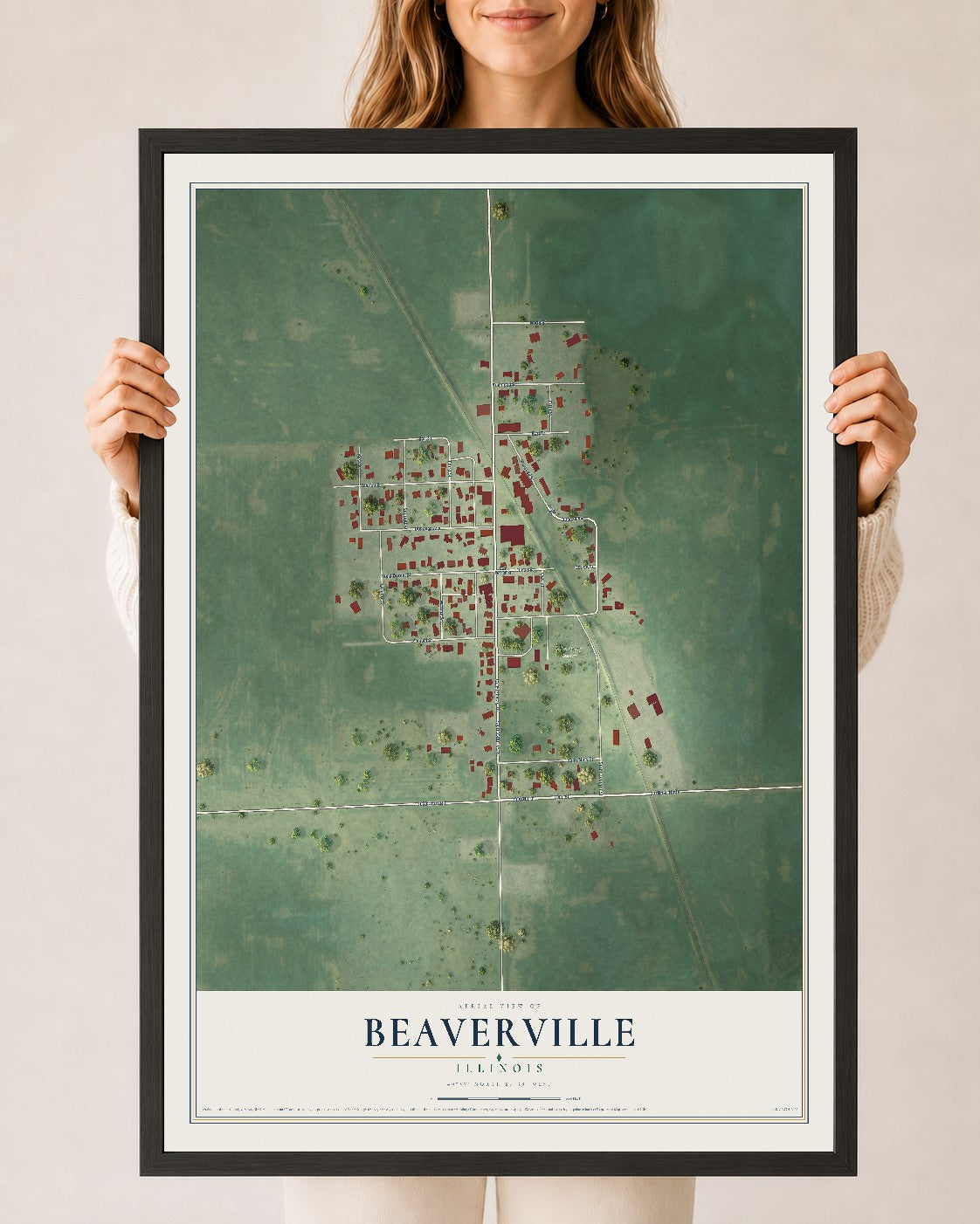 Map of Beaverville, Illinois, 24 x 36 inch print in a black wood frame