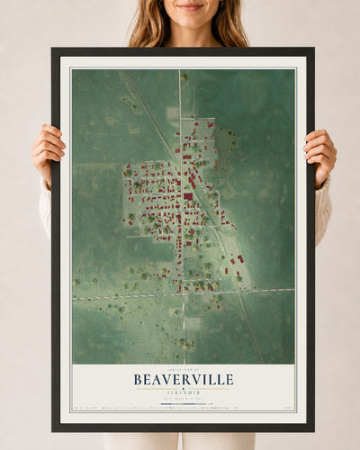 Map of Beaverville, Illinois, 24 x 36 inch print in a black wood frame