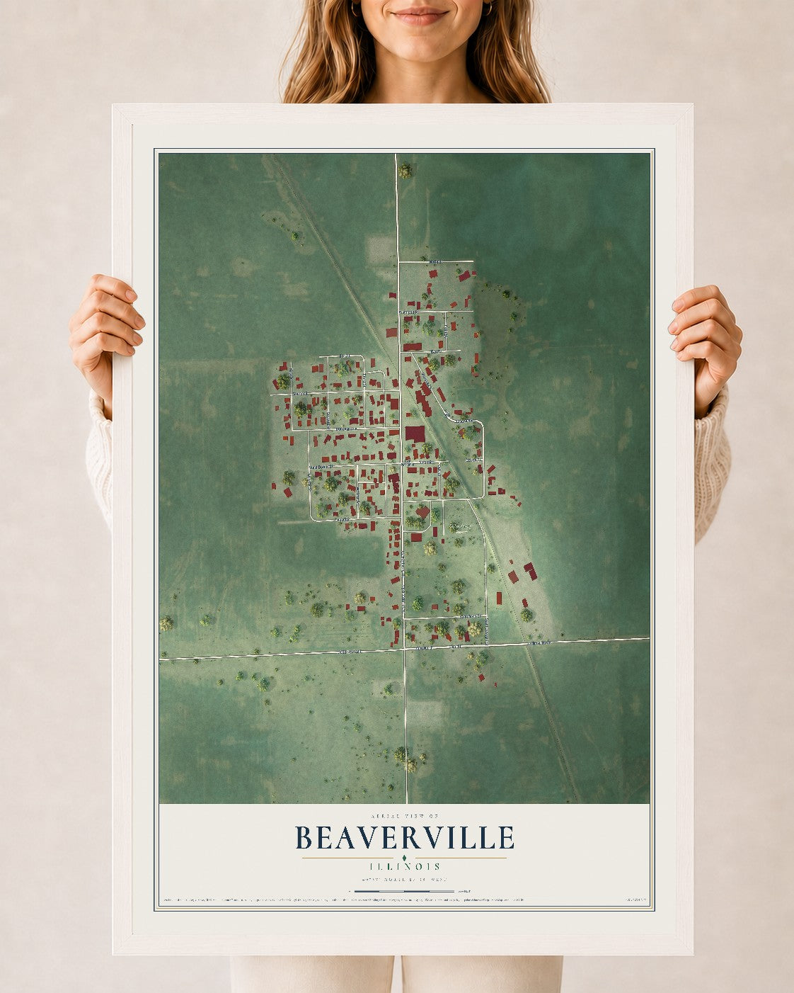 Map of Beaverville, Illinois, 24 x 36 inch print in a white wood frame