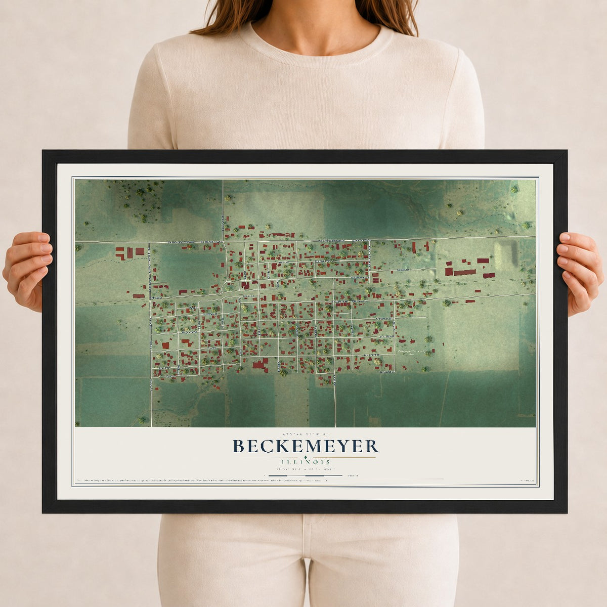 Map of Beckemeyer, Illinois, 12 x 18 inch print in a black wood frame