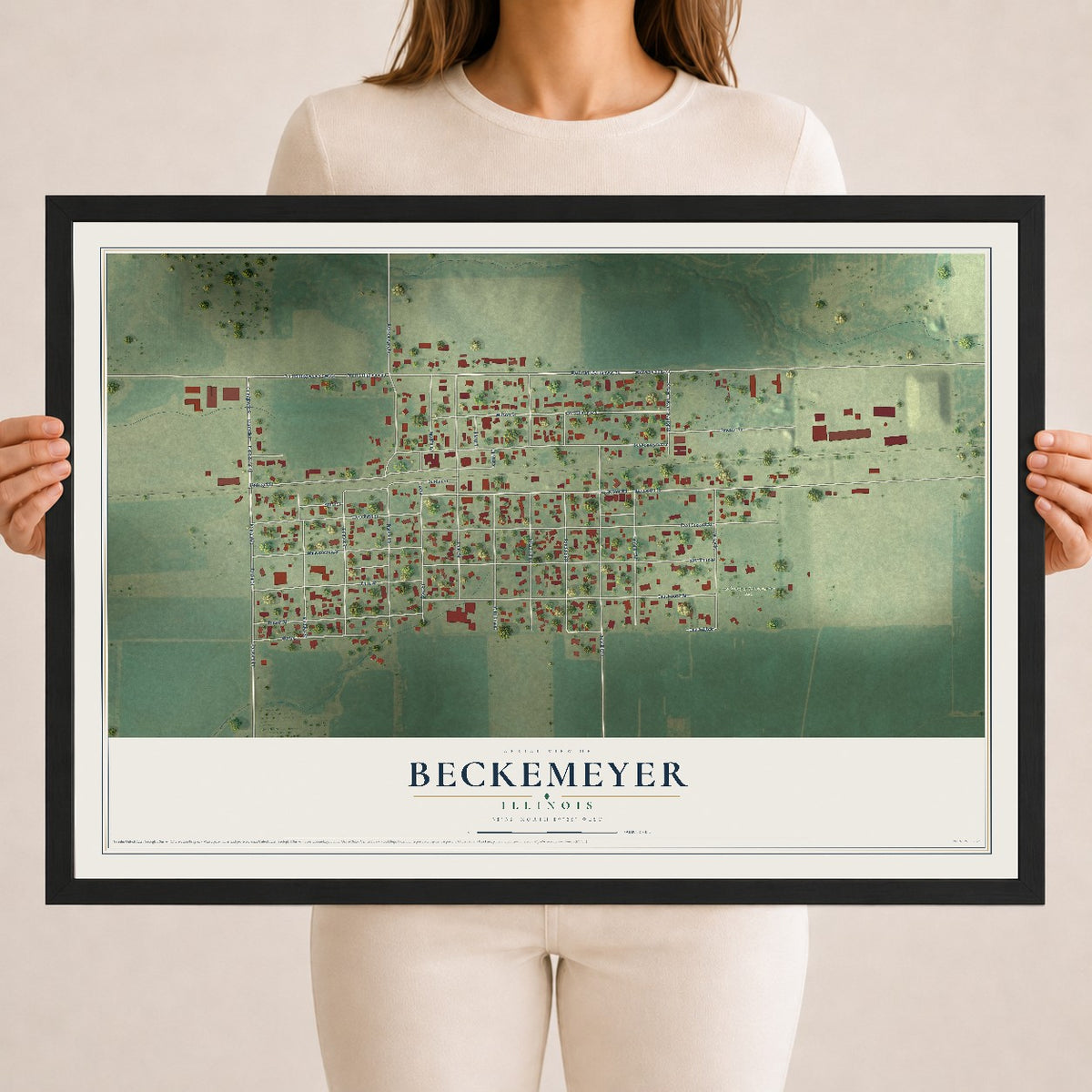 Map of Beckemeyer, Illinois, 18 x 24 inch print in a black wood frame
