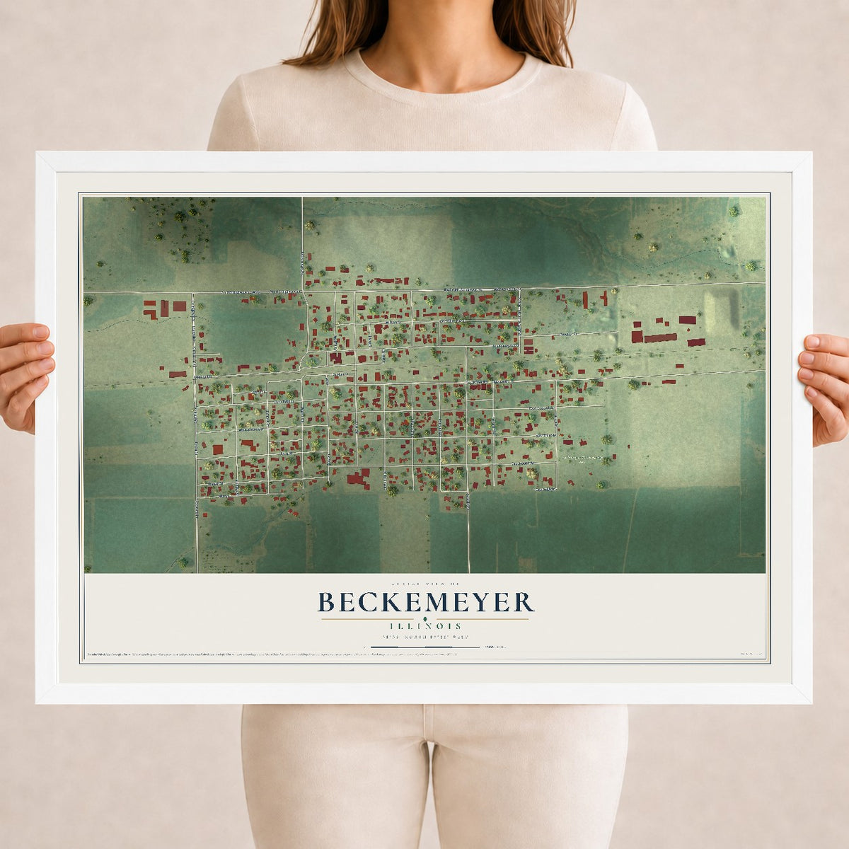 Map of Beckemeyer, Illinois, 18 x 24 inch print in a white wood frame
