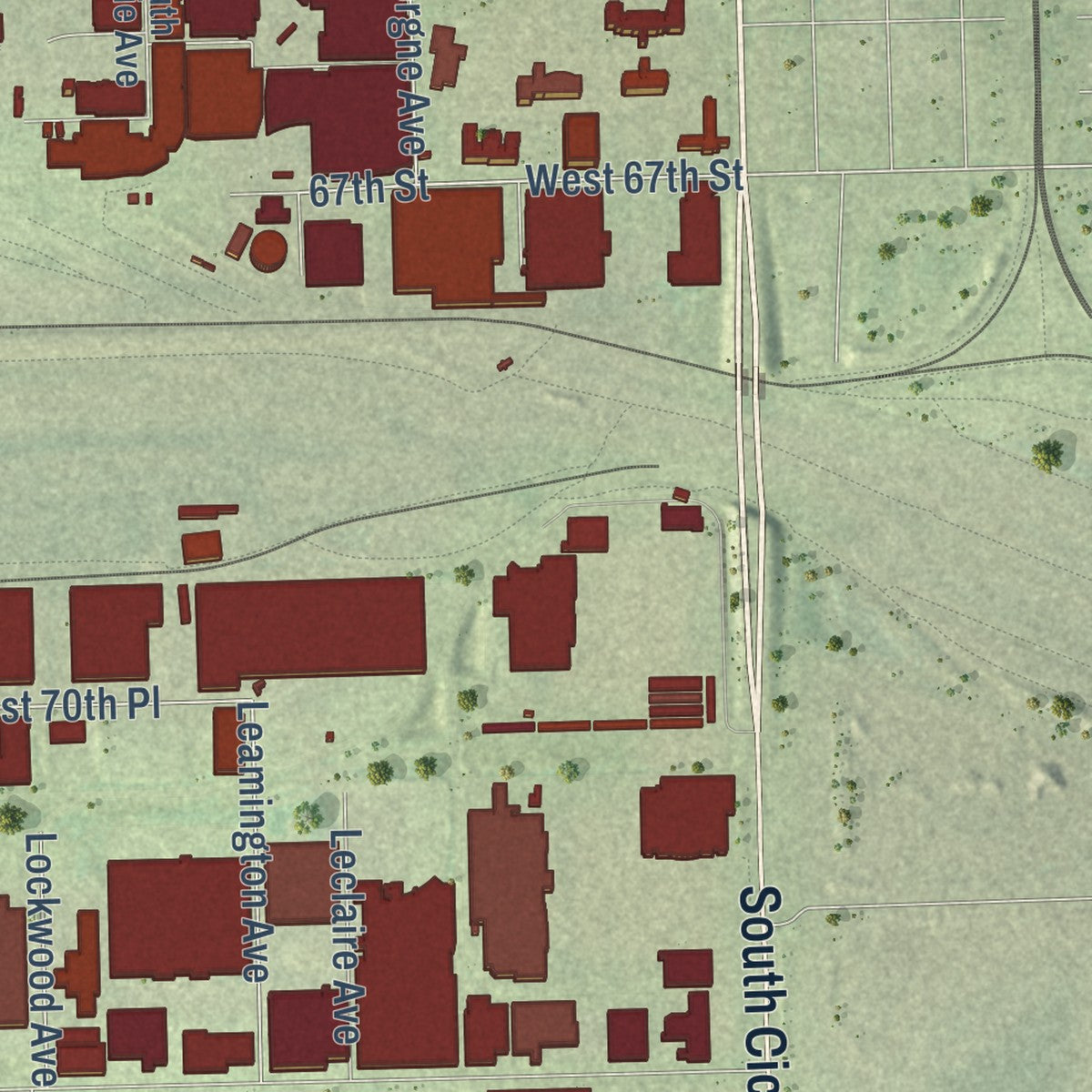 Second close-up of the map of Bedford Park, Illinois print showing more streets and buildings