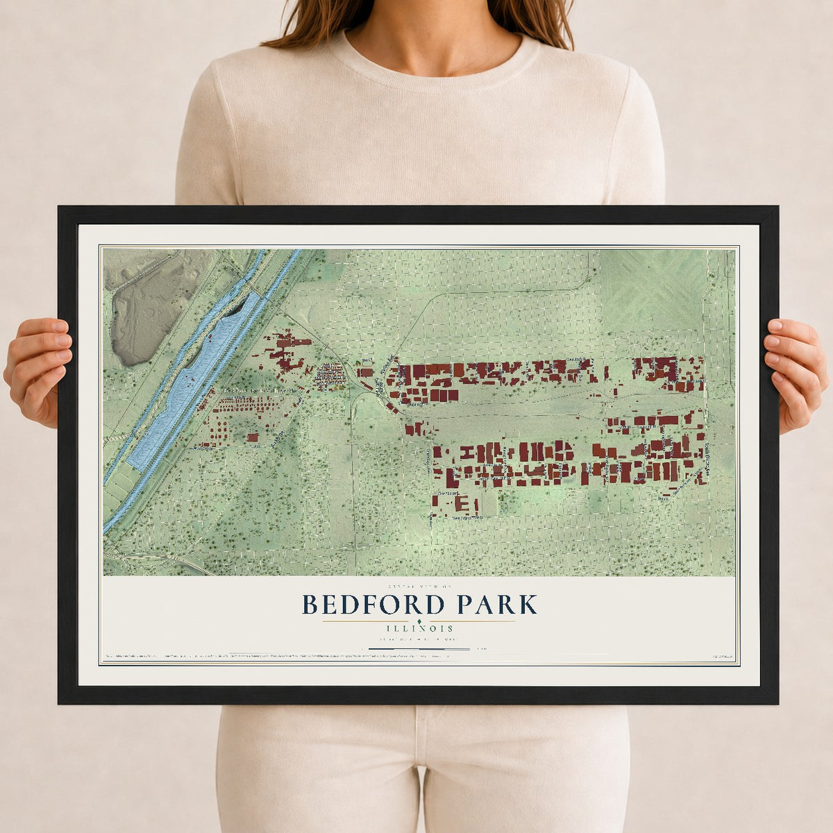 Map of Bedford Park, Illinois, 12 x 18 inch print in a black wood frame