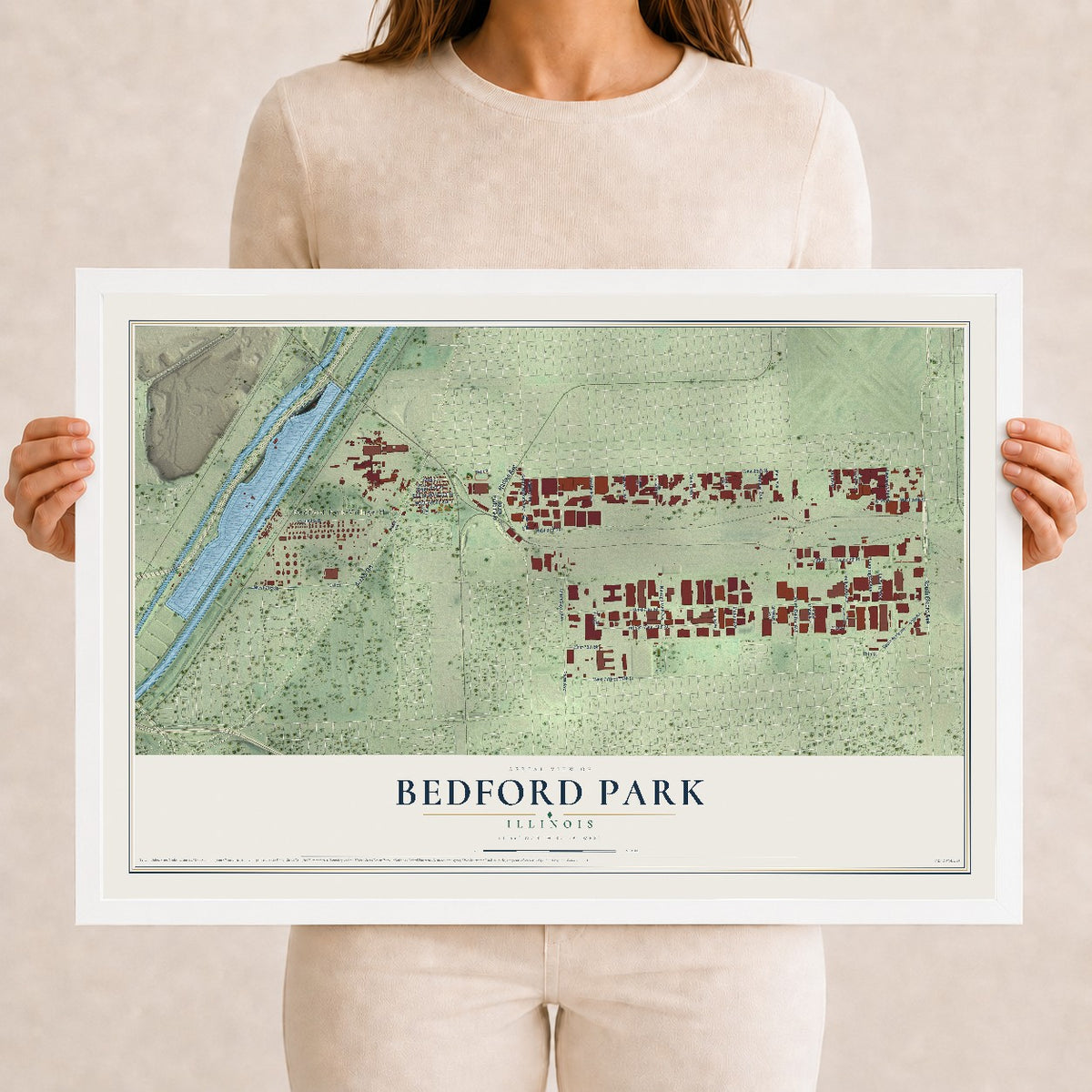 Map of Bedford Park, Illinois, 12 x 18 inch print in a white wood frame