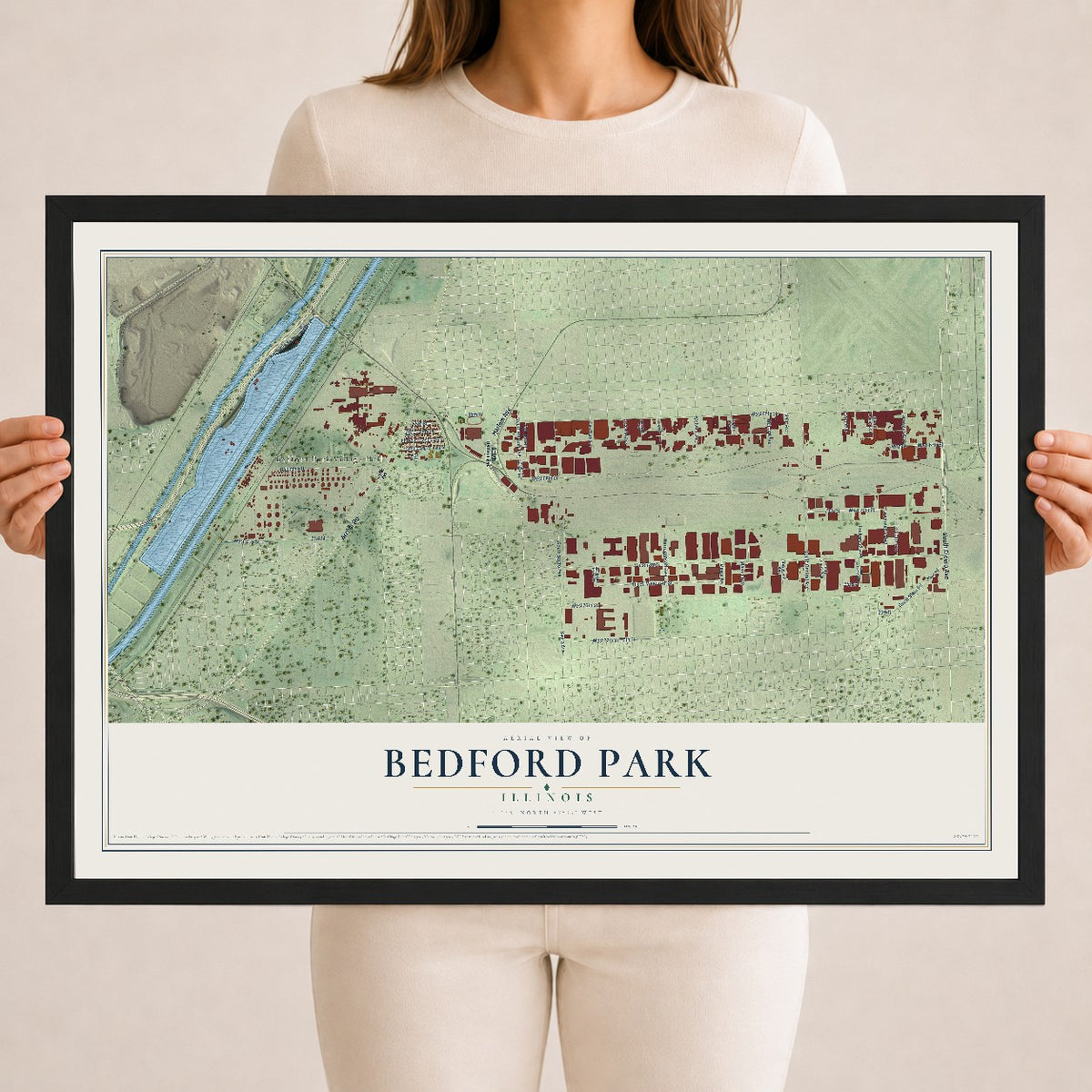 Map of Bedford Park, Illinois, 18 x 24 inch print in a black wood frame