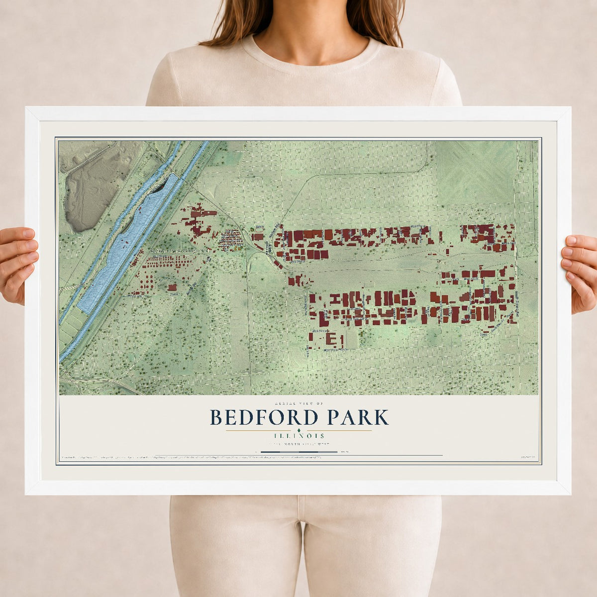 Map of Bedford Park, Illinois, 18 x 24 inch print in a white wood frame