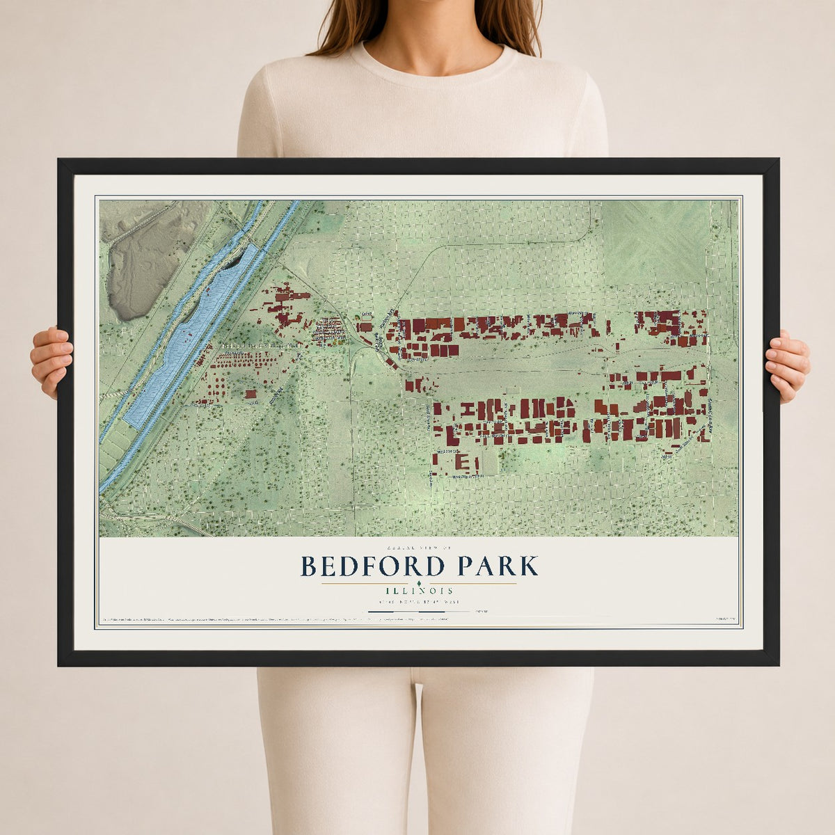Map of Bedford Park, Illinois, 24 x 36 inch print in a black wood frame