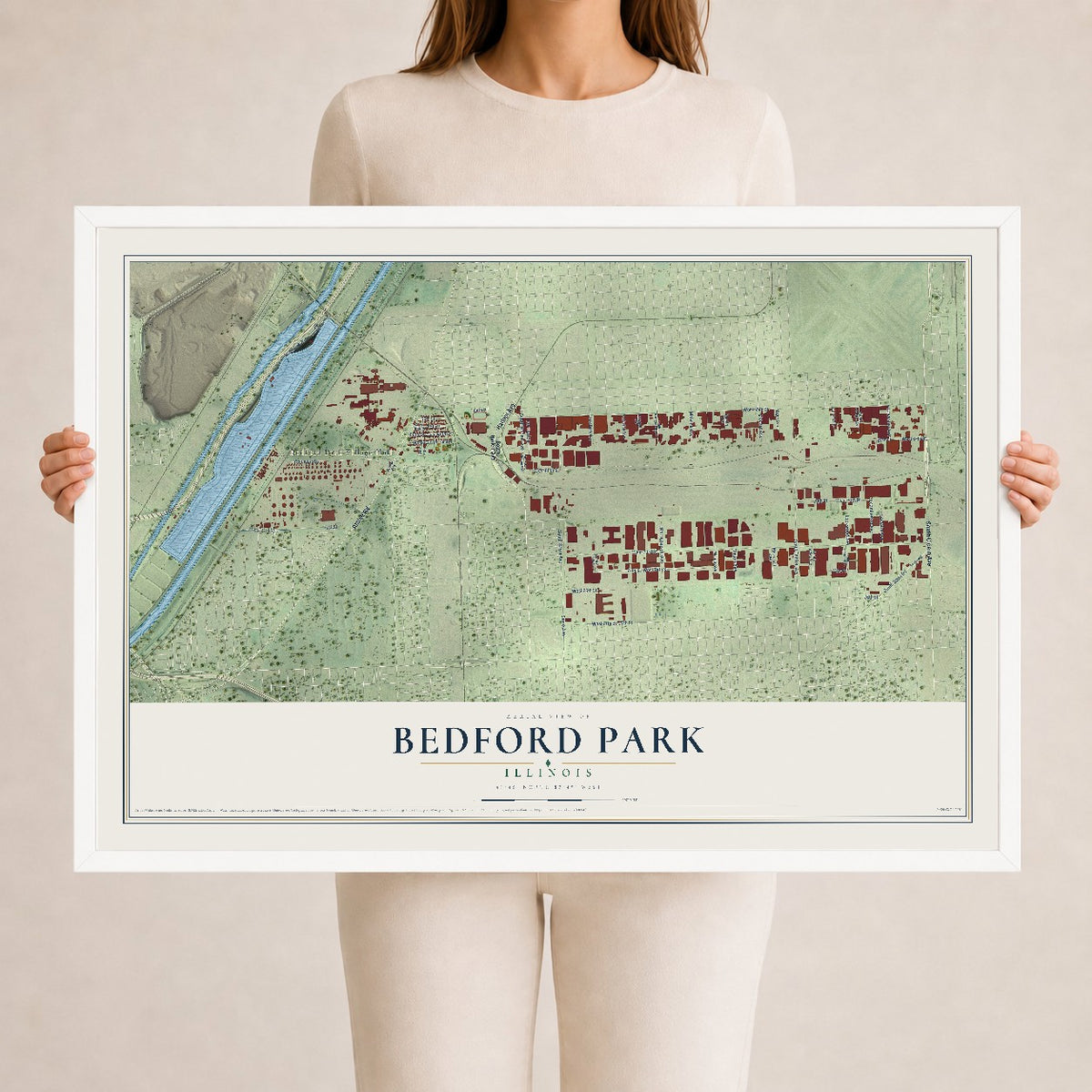 Map of Bedford Park, Illinois, 24 x 36 inch print in a white wood frame
