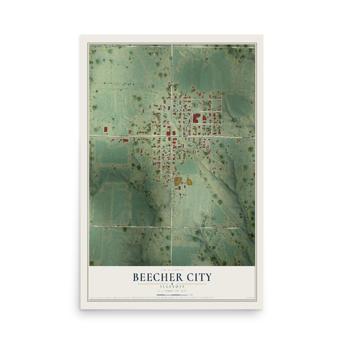 Map of Beecher City, Illinois, 12 x 18 inch unframed archival matte print