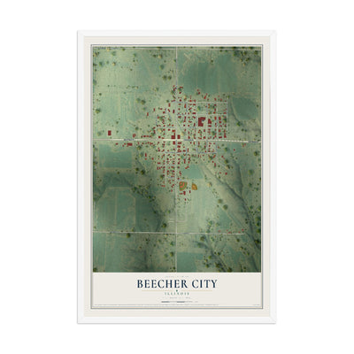 Map of Beecher City, Illinois, 12 x 18 inch print in a white wood frame