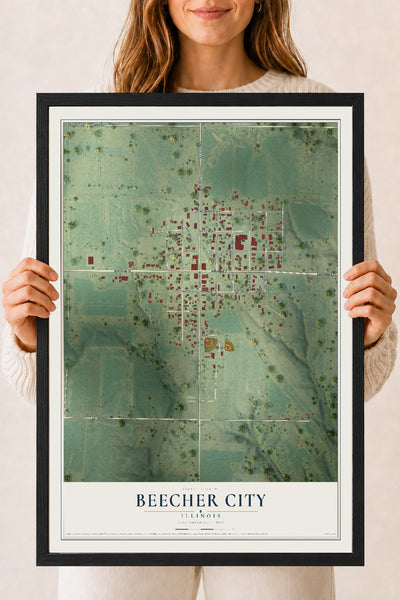 Map of Beecher City, Illinois, 18 x 24 inch print in a black wood frame