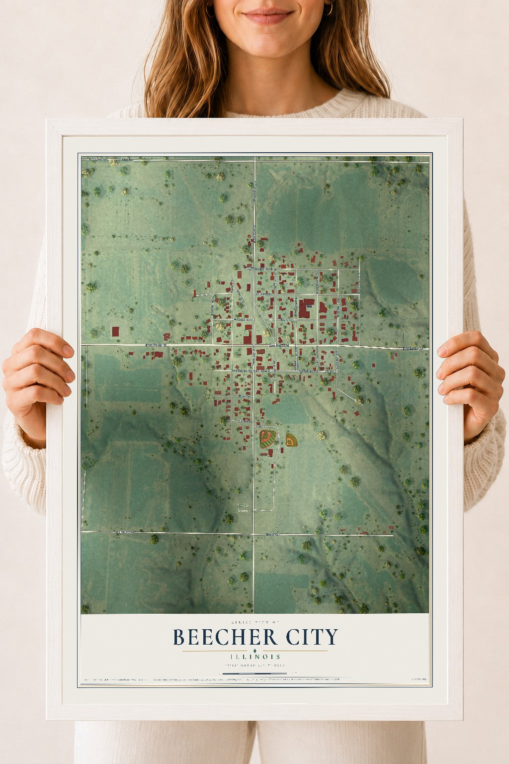 Map of Beecher City, Illinois, 18 x 24 inch print in a white wood frame