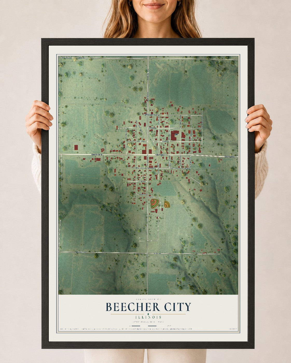 Map of Beecher City, Illinois, 24 x 36 inch print in a black wood frame